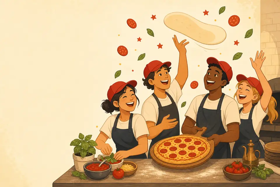 A Pizza Hut crew laughing together behind the counter while one of them tosses dough